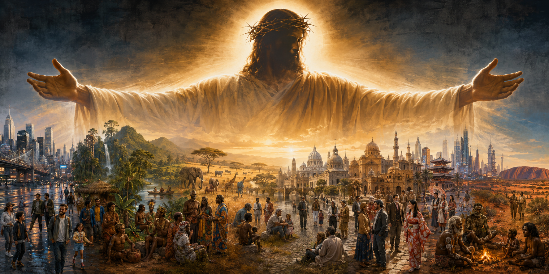 A luminous depiction of Christ with outstretched arms above people and cultures across the world